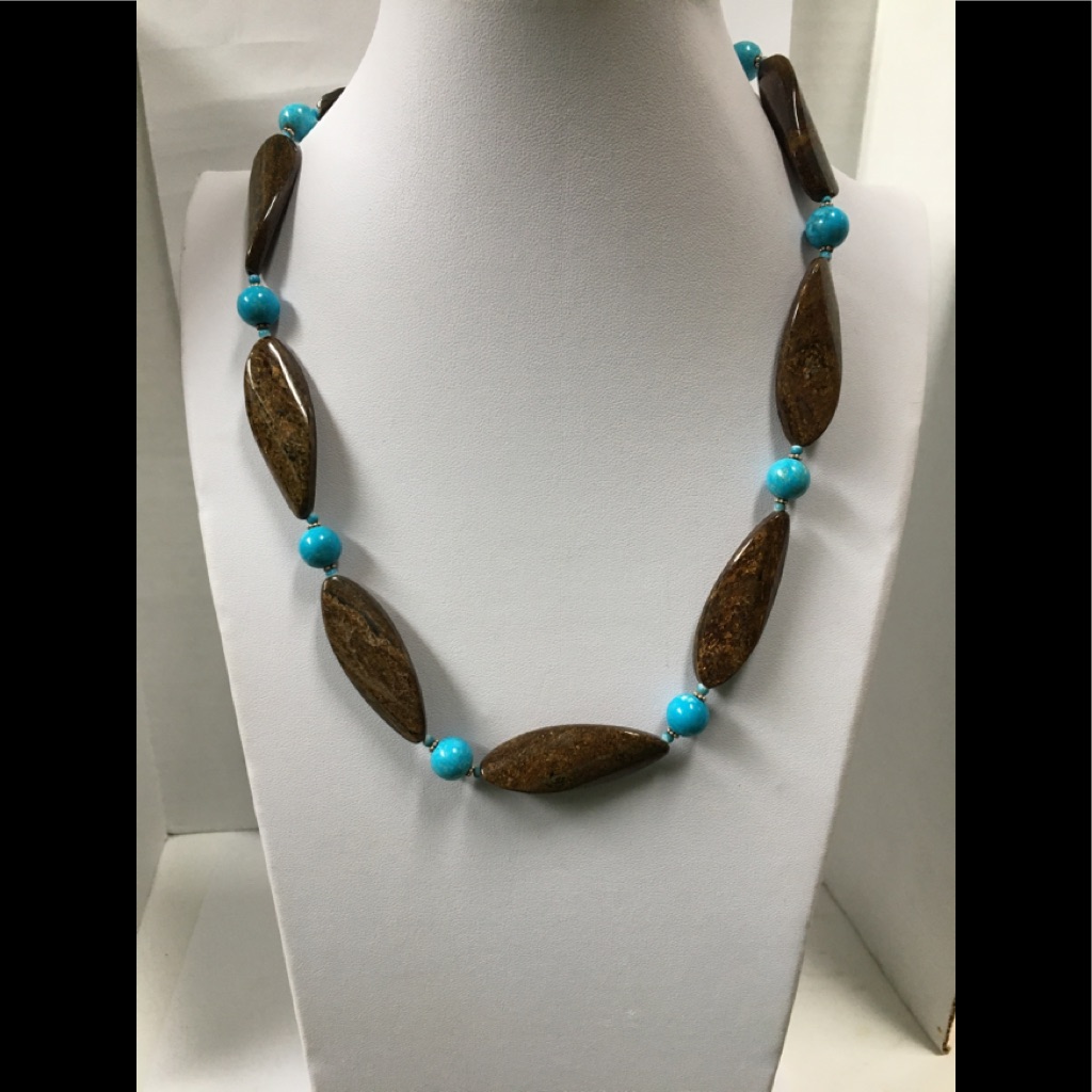 Elongated Bronzite Twist Beads With Turquoise 44$